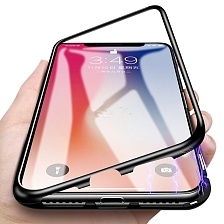 Чехол магнитный для APPLE iPhone XS MAX, стекло, металл, цвет черный прозрачный.