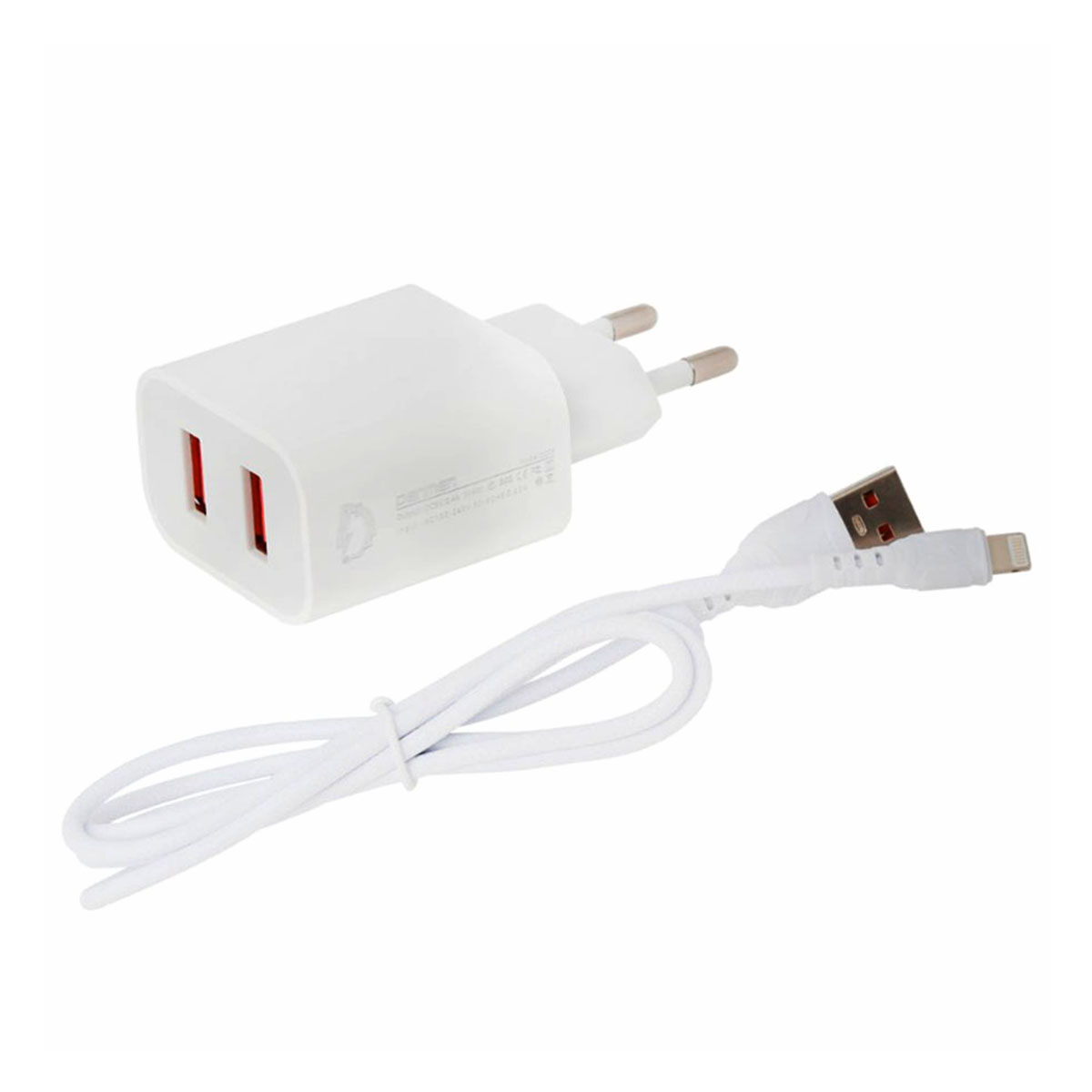 СЗУ (Сетевое зарядное устройство) DENMEN DC05L, 2.4A, 2 USB, кабель Lightning 8 pin, цвет белый СЗУ (Сетевое зарядное устройство) DENMEN DC05L, 2.4A, 2 USB, кабель Lightning 8 pin, цвет белый