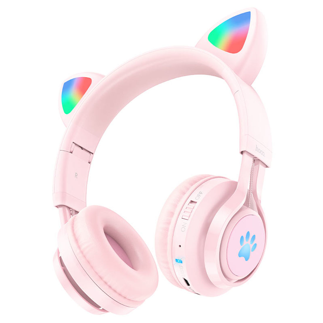 Гарнитура (наушники с микрофоном) беспроводная, полноразмерная, HOCO W39 Cat ear, светящиеся ушки, цвет розовый