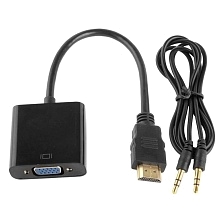 Переходник, адаптер, конвертер MRM HDMI на VGA (HDMI to VGA) + Aux разъем, кабель 15 см, цвет черный