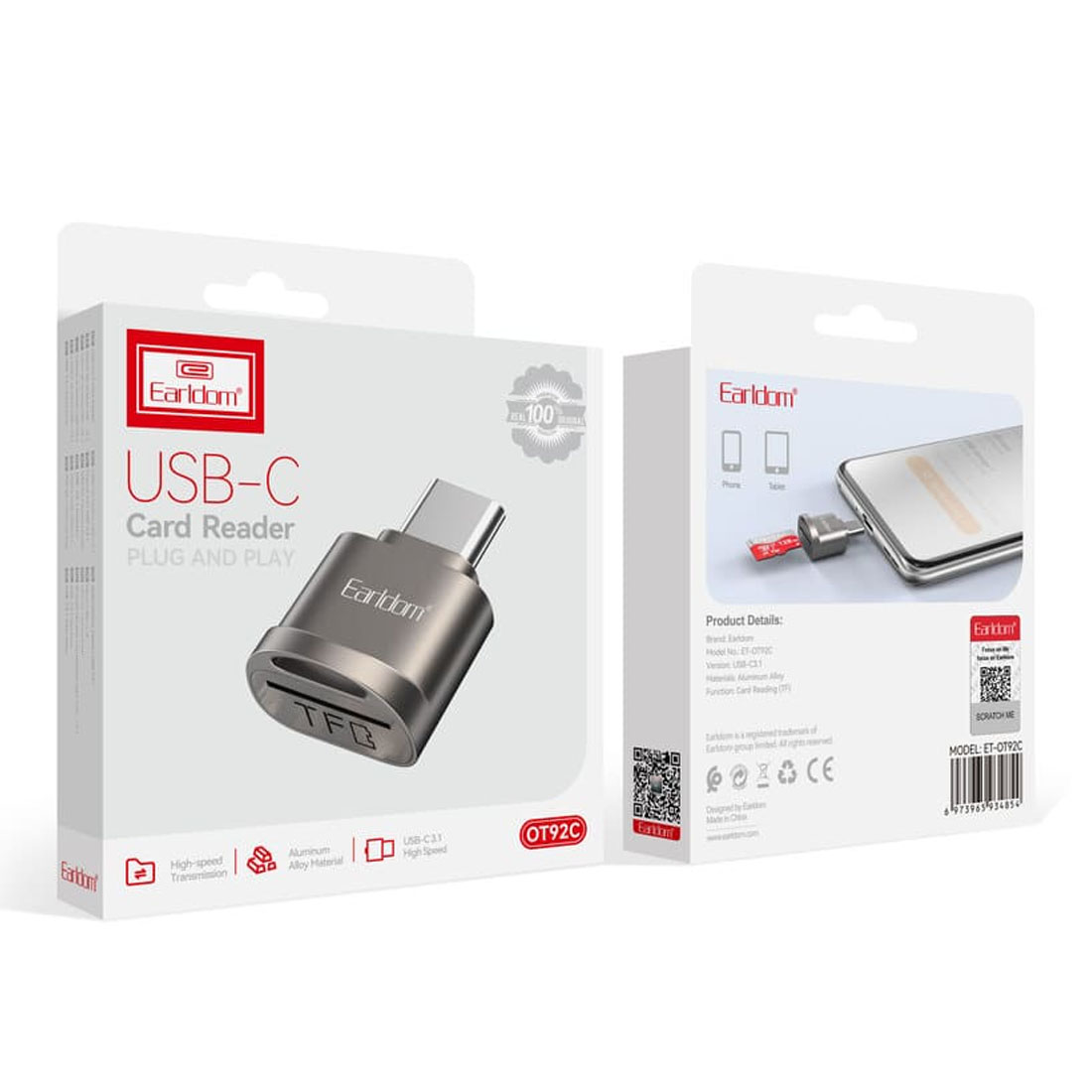 Картридер EARLDOM OT92C с USB Type C 3.1 на MicroSD, цвет темно серебристый