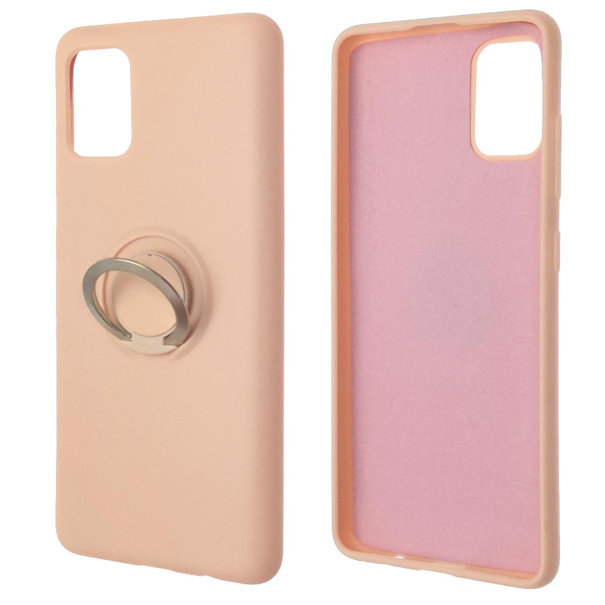 Чехол накладка RING для SAMSUNG Galaxy A51 (SM-A515), силикон, бархат, кольцо держатель, цвет розовый песок