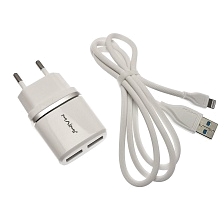 MAIMI T8 2 в 1 СЗУ (сетевое зарядное устройство) на 2 USB порт 5V-2.4A + кабель APPLE Lightning 8-pin iOS, цвет белый.