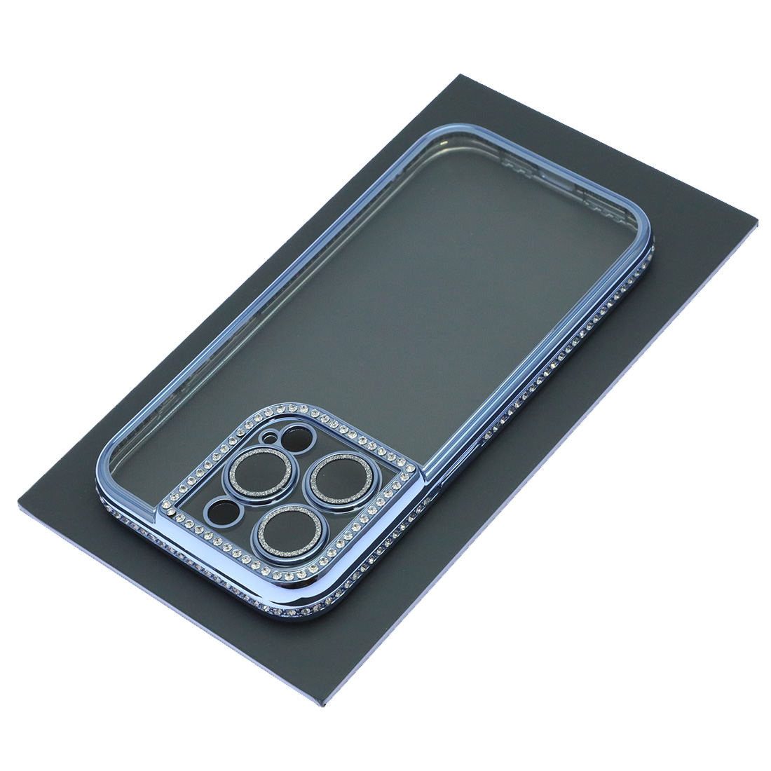 Чехол накладка для APPLE iPhone 14 Pro, силикон, стразы, защита камеры, цвет окантовки голубой