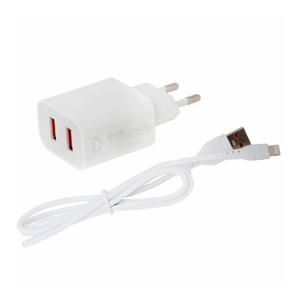 СЗУ (Сетевое зарядное устройство) DENMEN DC05L, 2.4A, 2 USB, кабель Lightning 8 pin, цвет белый