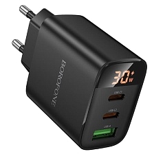 СЗУ (Сетевое зарядное устройство) BOROFONE BA98A Ilustre, 1 USB A, 2 USB Type C, PD30W, QC3.0, Led дисплей, цвет черный