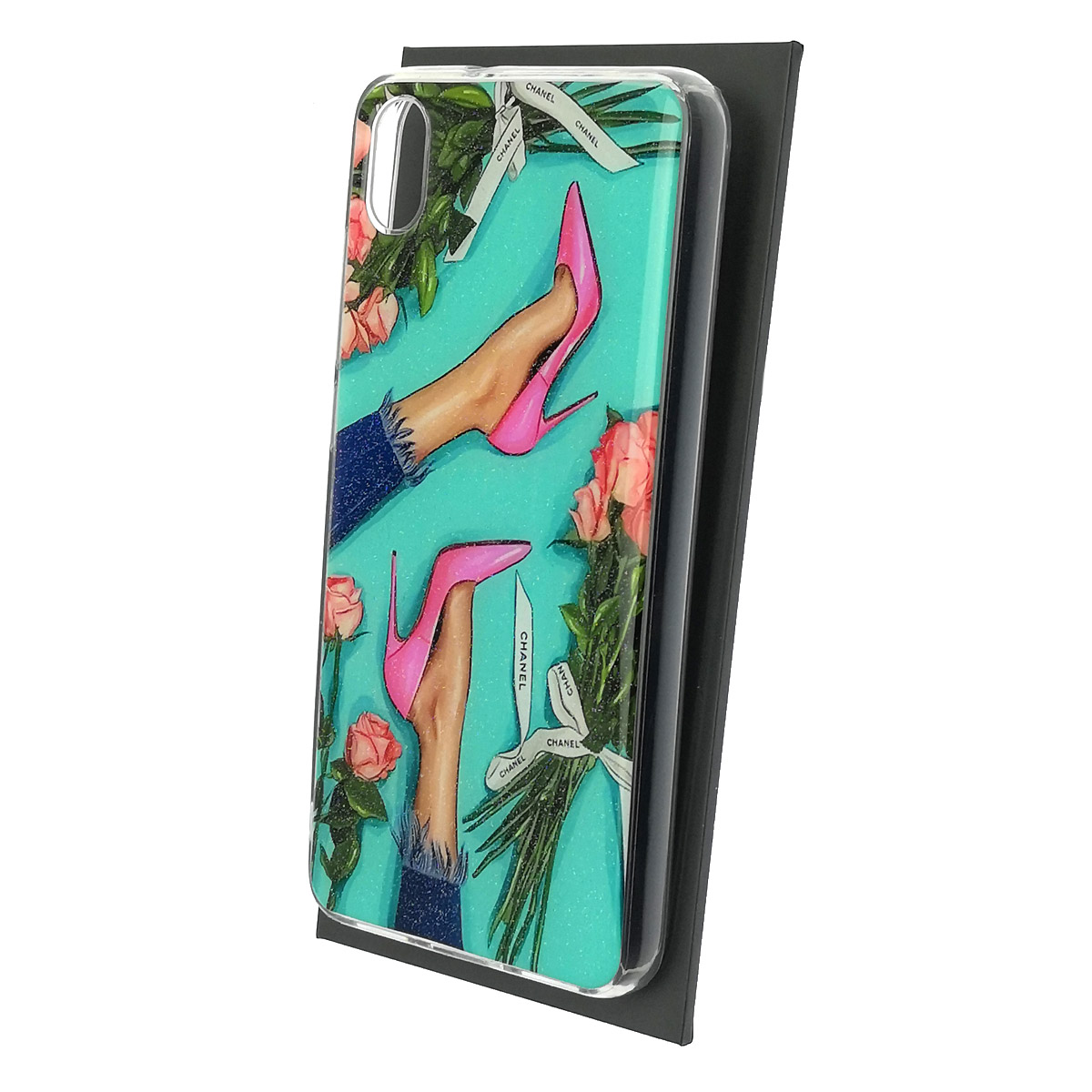 Чехол накладка для XIAOMI Redmi 7A, силикон, глянцевый, блестки, рисунок Туфли розы CHANEL