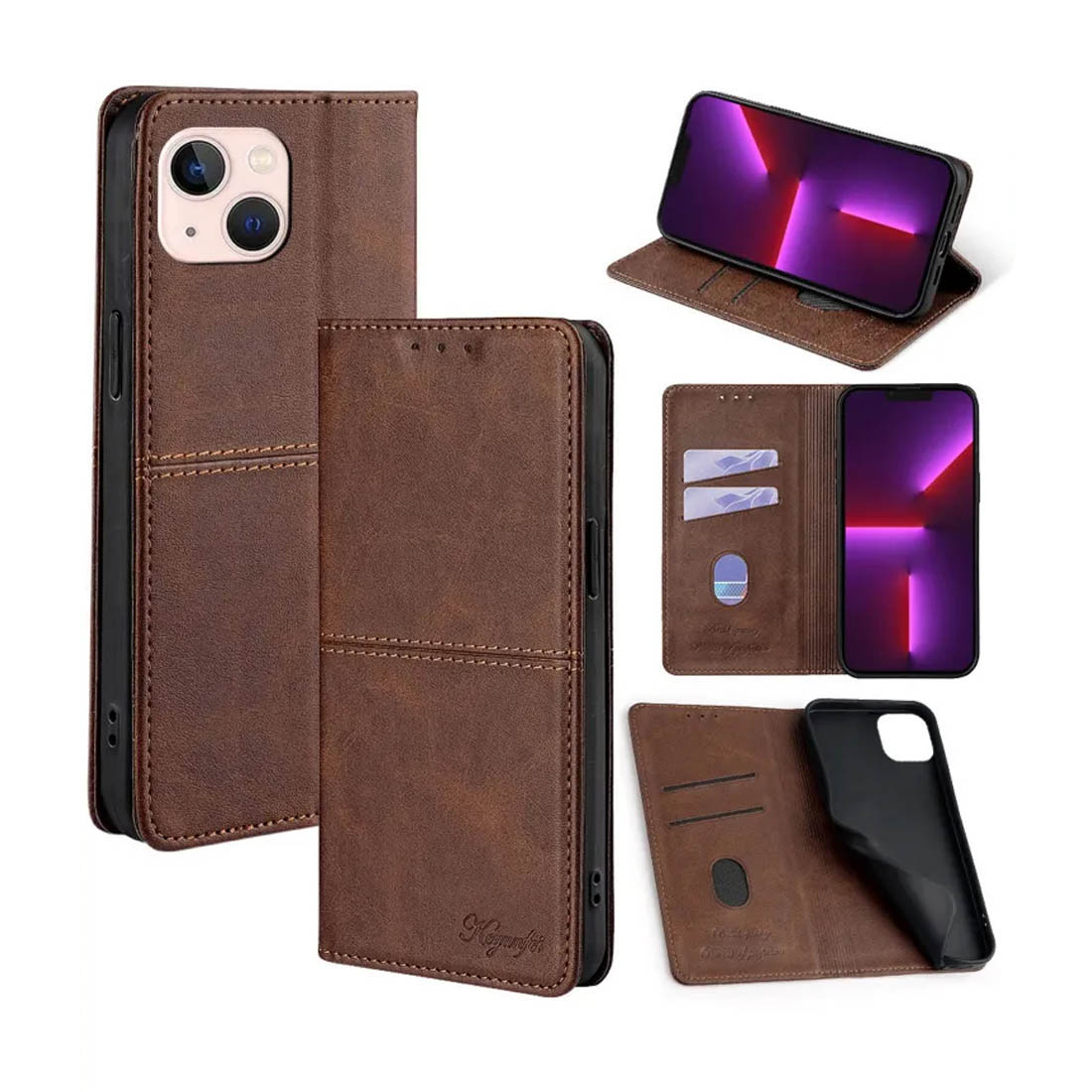 Чехол книжка для APPLE iPhone 13 mini, экокожа, визитница, цвет коричневый