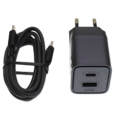 СЗУ (Сетевое зарядное устройство) QAYAN QHC-144 с кабелем USB Type C на USB Type C, 25W, 1 USB Type C, 1 USB A, длина 1.2 метра, цвет черный