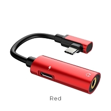 Переходник, аудио адаптер  HOCO LS19, аудио конвертер 2 в 1 Type-C на наушники jack 3.5 и USB Type-C 1.5A, цвет красный.