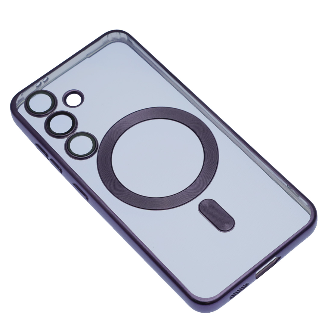 Чехол накладка FASHION CASE для SAMSUNG Galaxy S24, с поддержкой MagSafe, силикон, защита камеры, прозрачный, цвет окантовки темно-фиолетовый