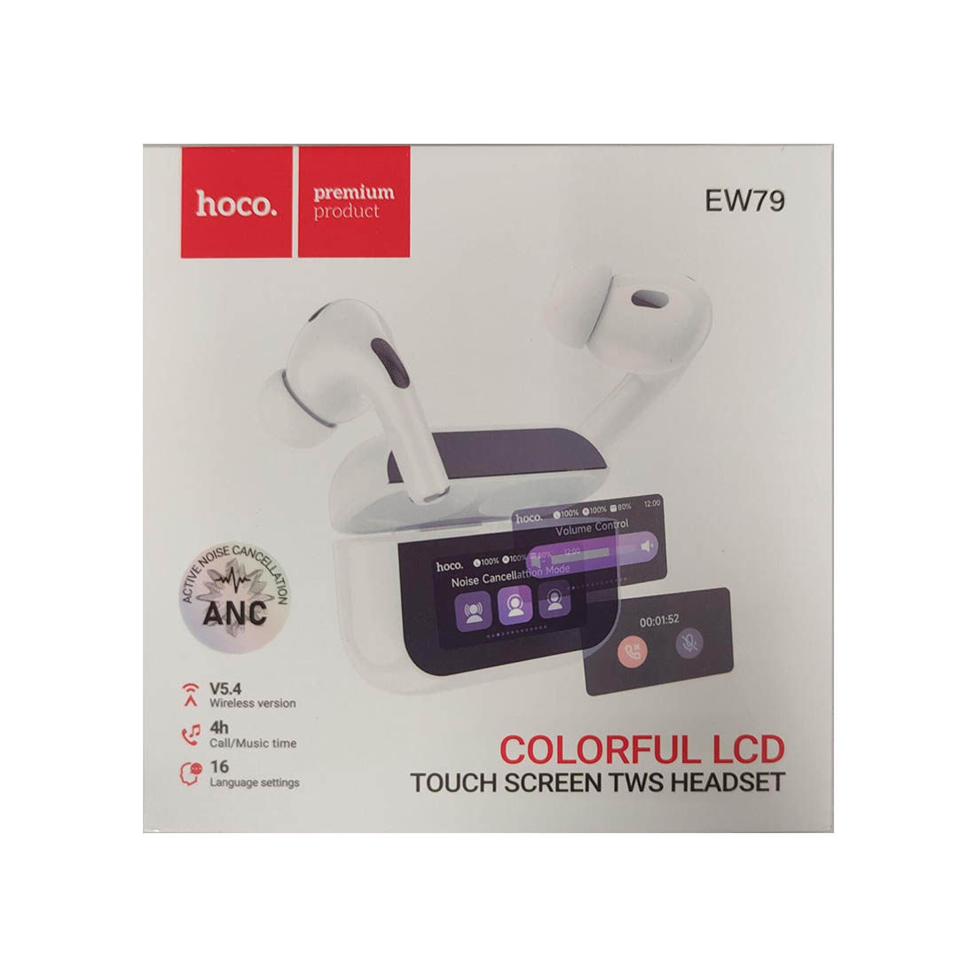 Гарнитура (наушники с микрофоном) беспроводная, HOCO EW79 Bright, ANC, сенсорный дисплей, цвет белый