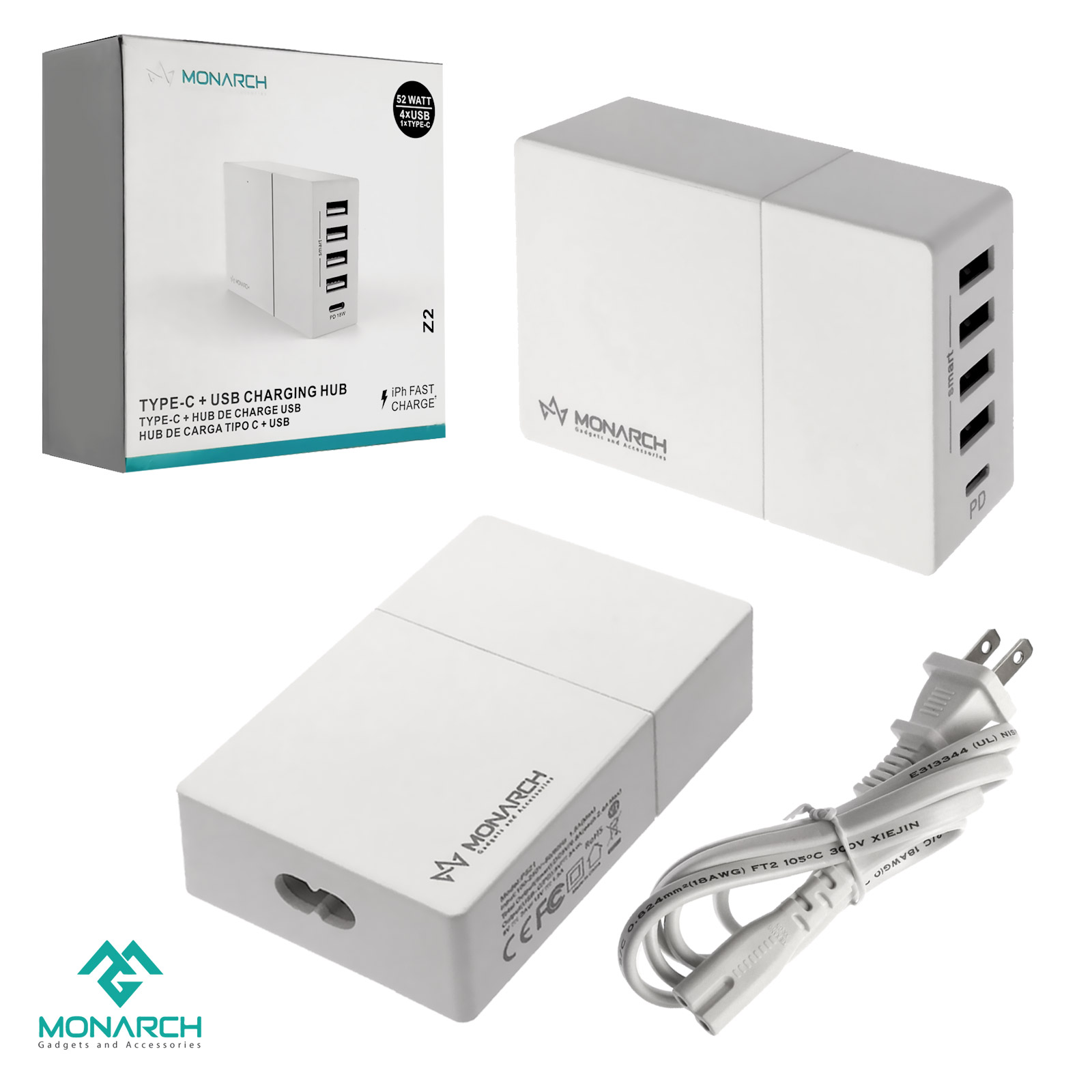 MONARCH Z2 СЗУ (сетевое зарядное устройство) 4USB+Type-c PD 52 WATT FAST CHARGE, цвет белый.