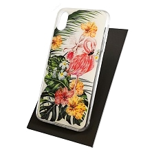 Чехол накладка для APPLE iPhone XS MAX, силикон, рисунок Розовый Фламинго и цветы.