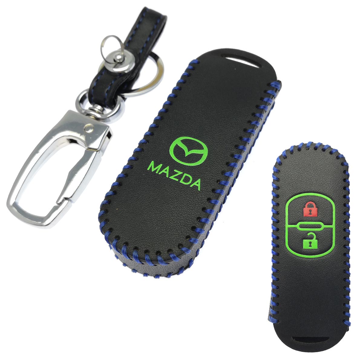 Чехол для брелка автомобиля Mazda, 2 кнопки, экокожа, цвет черный с синей окантовкой