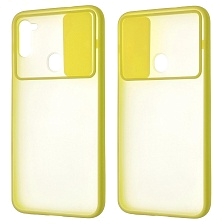 Чехол накладка для SAMSUNG Galaxy A11 (SM-A115), Galaxy M11 (M115), силикон, пластик, матовый, со шторкой для защиты задней камеры, цвет окантовки желтый