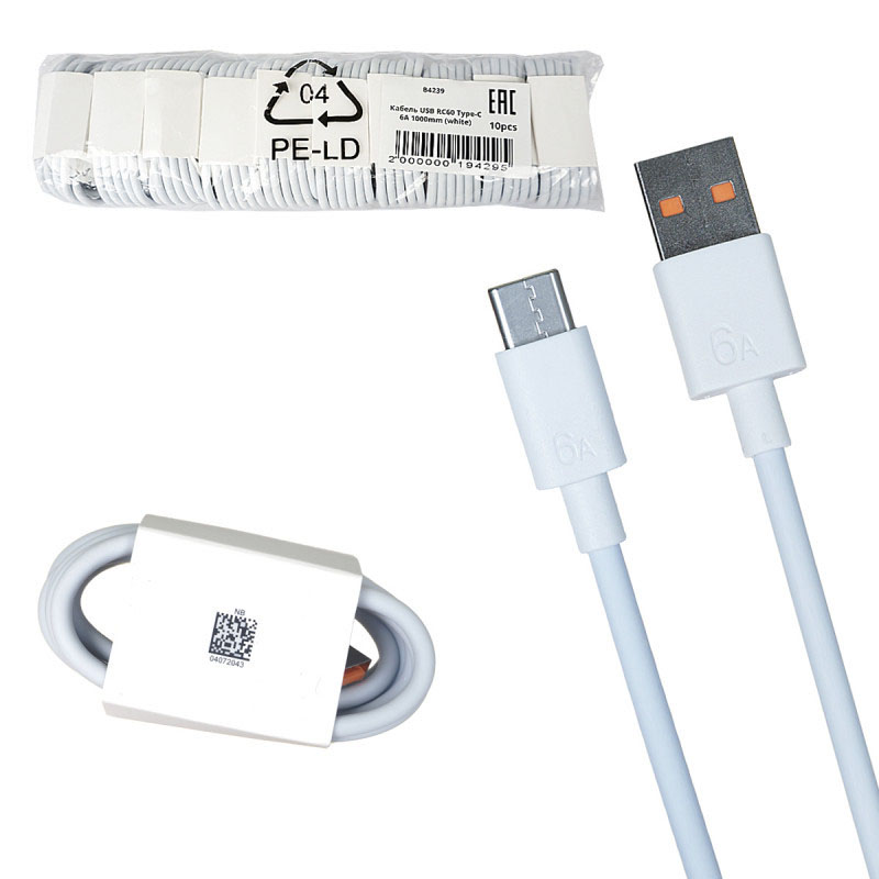 Кабель RC60 USB - Type C, 6A, 65-67W длина 1 метр, цвет белый
