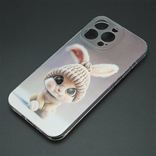 Чехол накладка для APPLE iPhone 16 Pro Max, защита камеры, силикон, рисунок Заяц в шапке