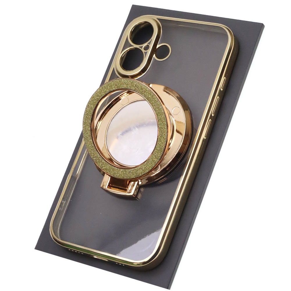 Чехол накладка для APPLE iPhone 16, силикон, защита камеры, кольцо держатель, прозрачный, цвет окантовки золотистый