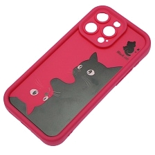 Чехол накладка для APPLE iPhone 15 Pro Max, силикон, защита камеры, бортики, рисунок черный и розовый кот