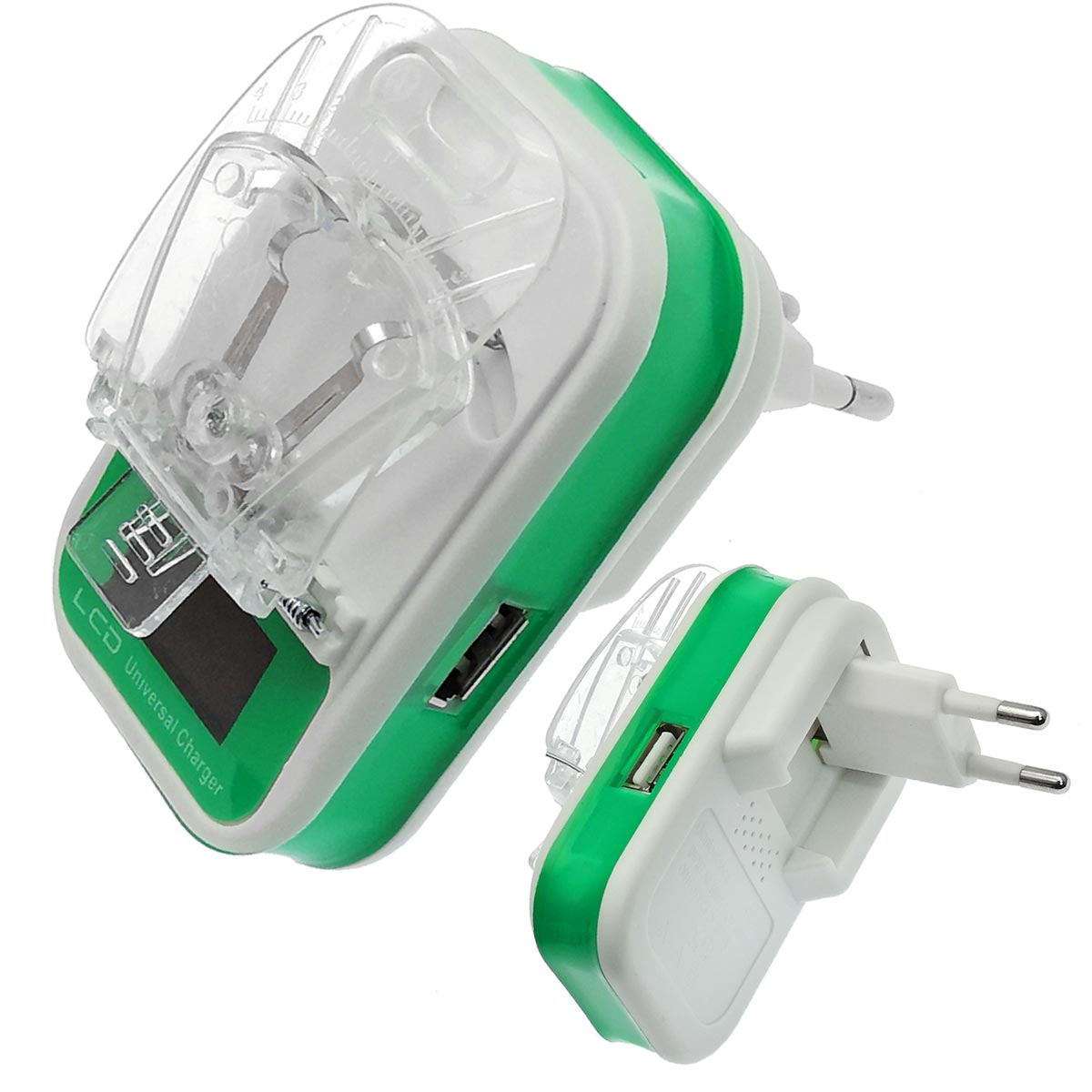 УСЗУ (универсальное сетевое зарядное устройство) LP-120 Лягушка с LCD дисплеем и USB выходом 5V-1.2A классическая, цвет зелено белый