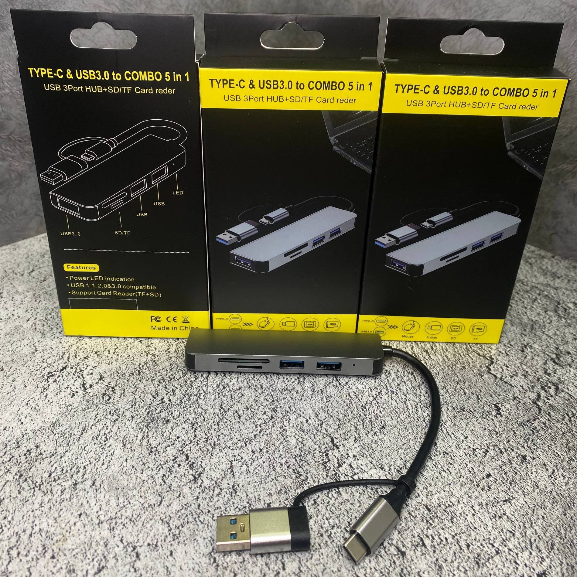 Разветвитель 5 в 1 (AC-H18), хаб на 3 порта USB 3.0, картридер SD/TF, адаптер OTG с кабелем 0,15 см Type-C + переходник USB 3.0, цвет серебристый