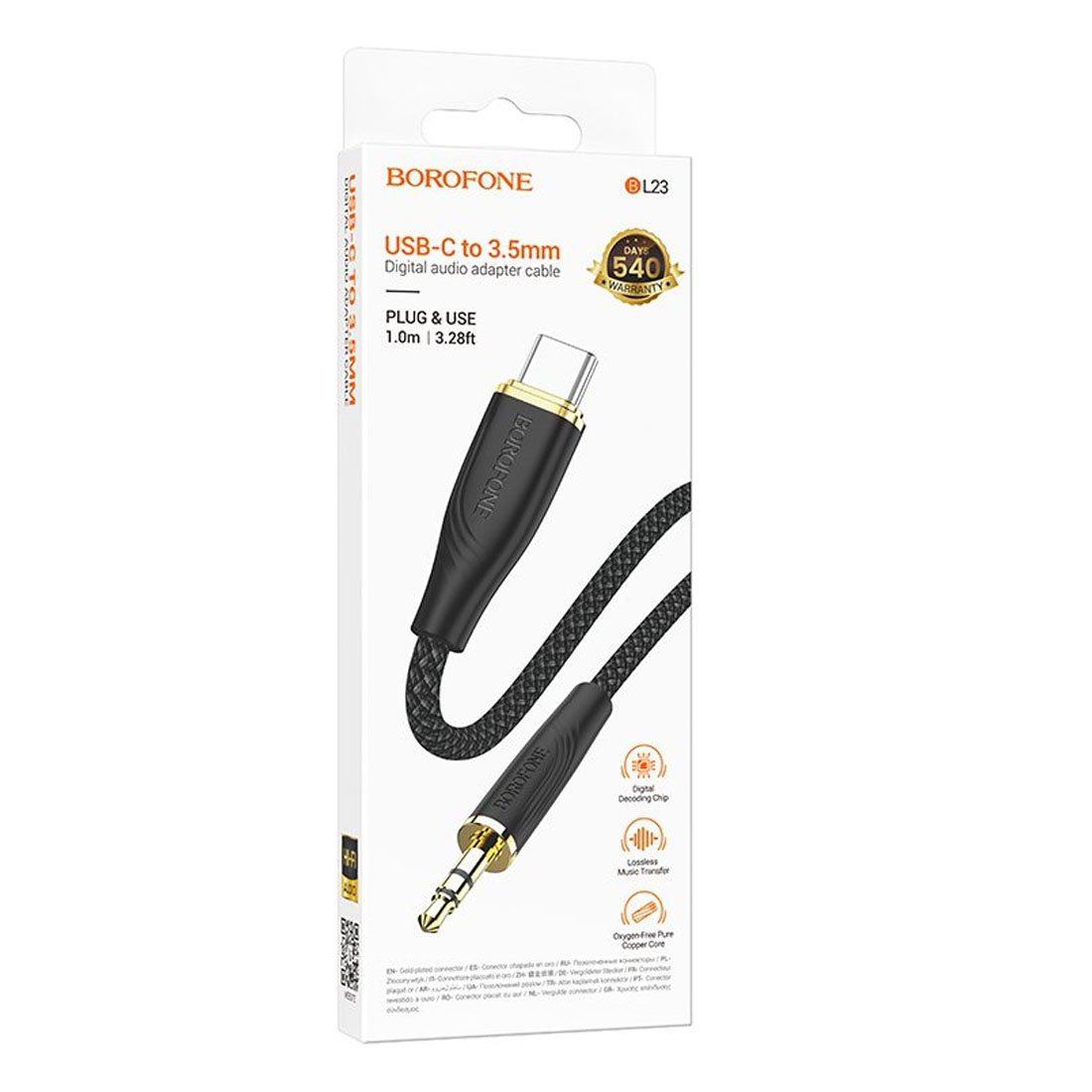 Аудио кабель, переходник BOROFONE BL23 Refinado USB Type C (папа) на AUX Jack 3.5 мм (папа), длина 1 метр, цвет черный