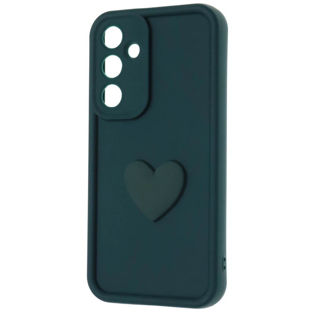 Чехол накладка для SAMSUNG Galaxy A55, силикон, 3D сердце, защита камеры, бортики, цвет темно зеленый