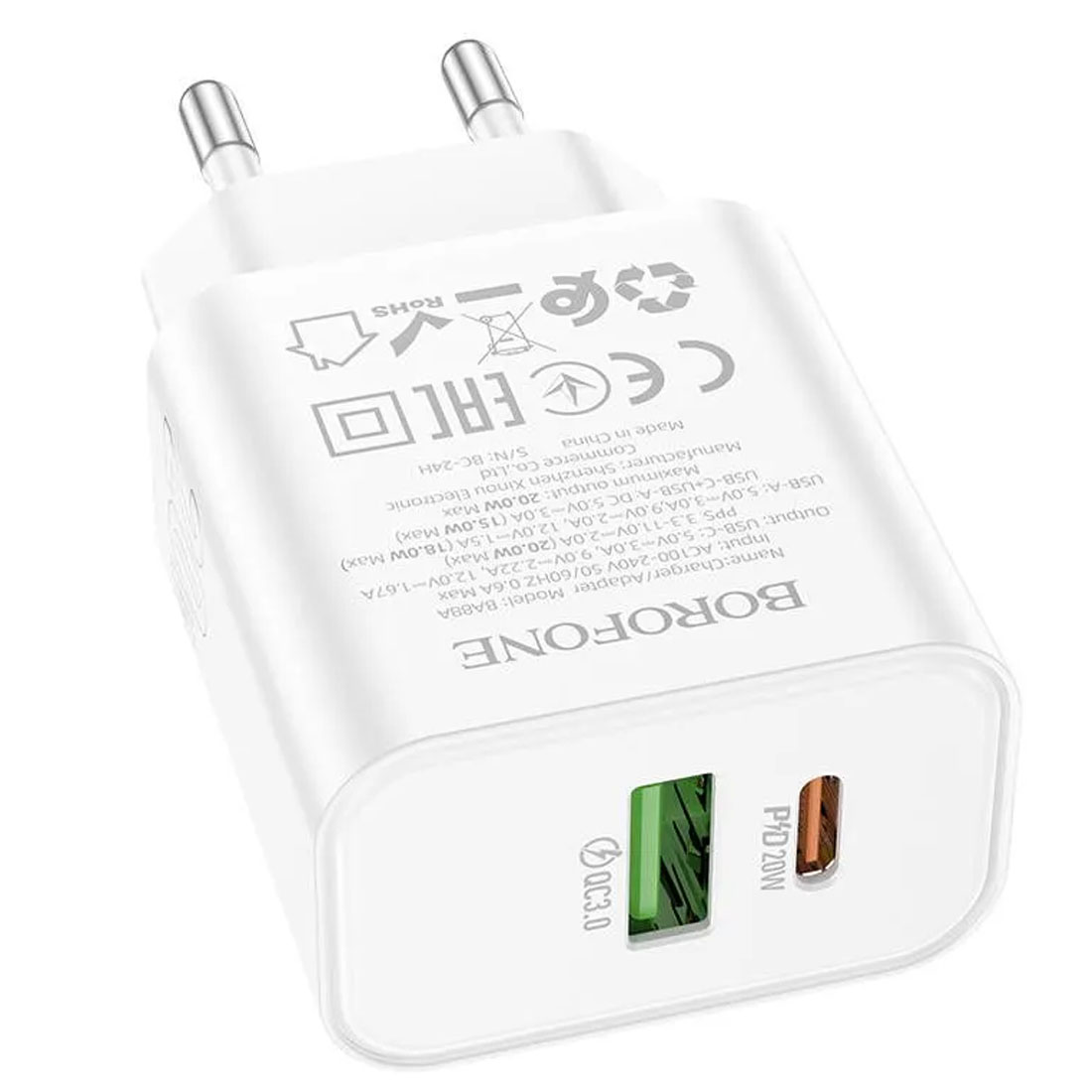 СЗУ (Сетевое зарядное устройство) BOROFONE BA88A Navy, 1 Type C, 1 USB, PD20W, QC3.0, цвет белый