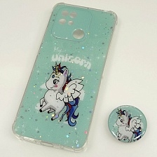 Чехол накладка для XIAOMI Redmi 10C, POCO C40, силикон, фактурный глянец, с поп сокетом, рисунок Unicorn