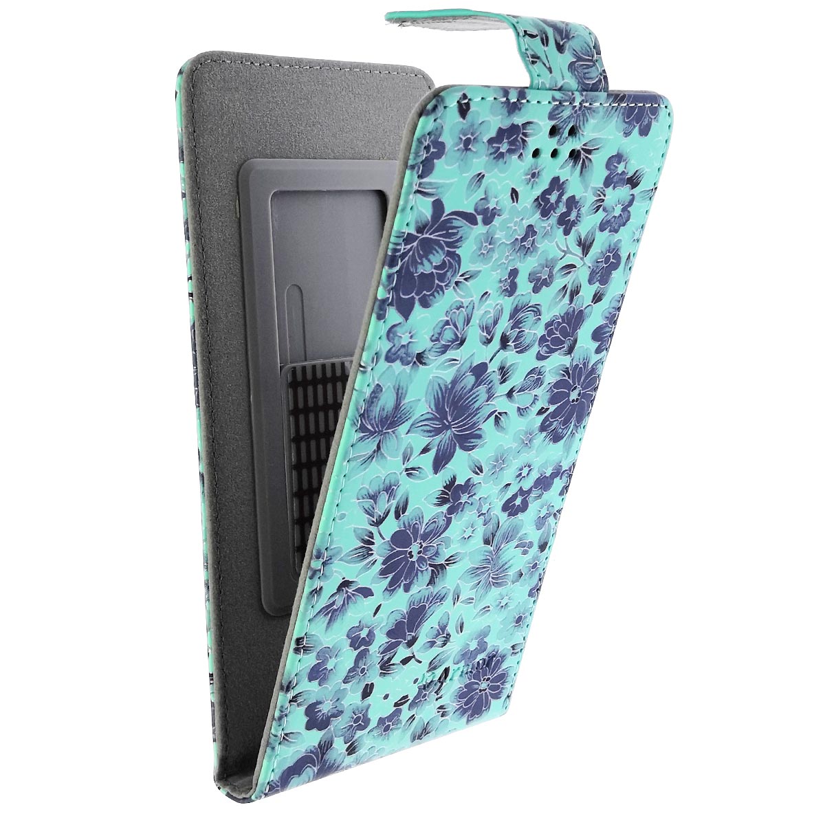 Чехол книжка универсальная Армор для смартфонов размером L, экокожа, цвет бирюзовый с цветочками