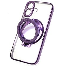 Чехол накладка для APPLE iPhone 16, силикон, защита камеры, кольцо держатель, прозрачный, цвет окантовки фиолетовый