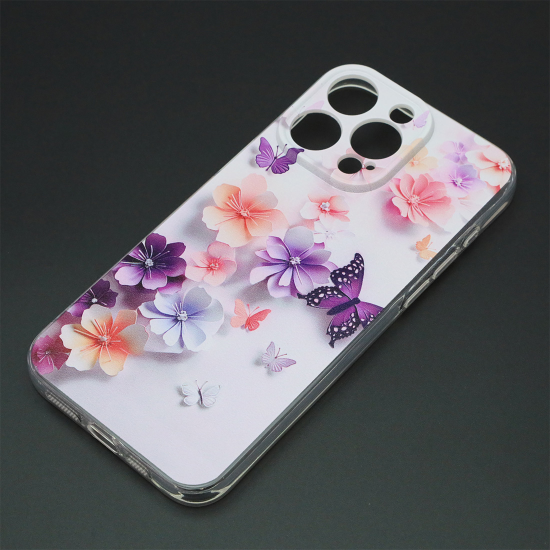 Чехол накладка для APPLE iPhone 15 Pro Max, защита камеры, силикон, рисунок цветы и бабочки
