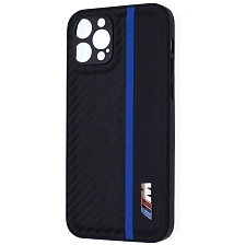 Чехол накладка для APPLE iPhone 12 Pro, силикон, карбон, экокожа, защита камеры, знак BMW M серии, цвет черный с синей полоской