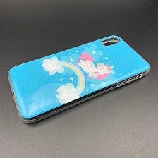 Чехол накладка для APPLE iPhone XS MAX, силикон, рисунок Единорожек на радуге.