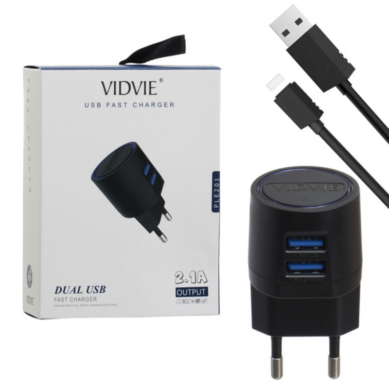 Сетевое зарядное устройство Vidvie PLE201, АП сет. 2.1А/2USB, кабель Apple 8pin/1.0м, черный, фирмен.