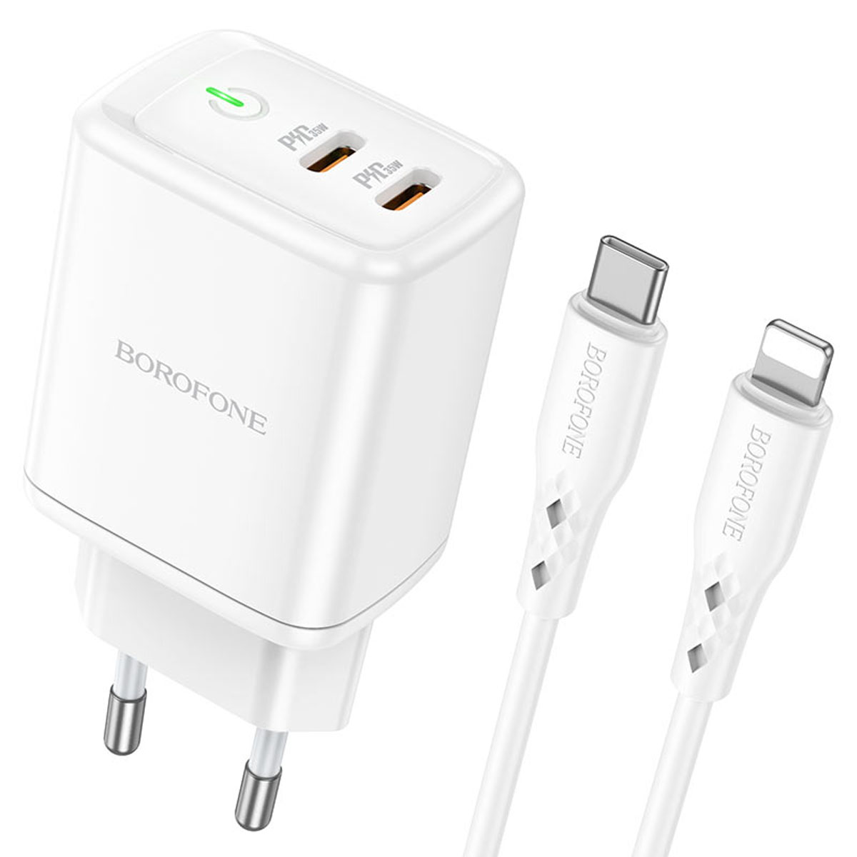 СЗУ (Сетевое зарядное устройство) BOROFONE BN9 Reacher с кабелем USB Type C на Lightning 8 pin, 35W, 2 USB Type C, PD35W, QC3.0, длина 1 метр, цвет белый