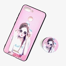 Чехол накладка для XIAOMI REDMI 6, силикон, попсокет, рисунок Девушка в очках, цвет розовый.