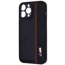 Чехол накладка для APPLE iPhone 13 Pro Max, силикон, карбон, экокожа, защита камеры, знак БМВ M серии, цвет черный с коричневой полоской Чехол накладка для APPLE iPhone 13 Pro Max, силикон, карбон, экокожа, защита камеры, знак БМВ M серии, цвет черный с коричневой полоской