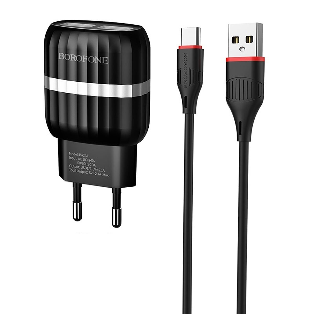 BOROFONE BA24A Vigour СЗУ 2 в 1 (сетевое зарядное устройство 5V-2.1A) + кабель USB-C aka Type-C, длина 1 метр, цвет черный.
