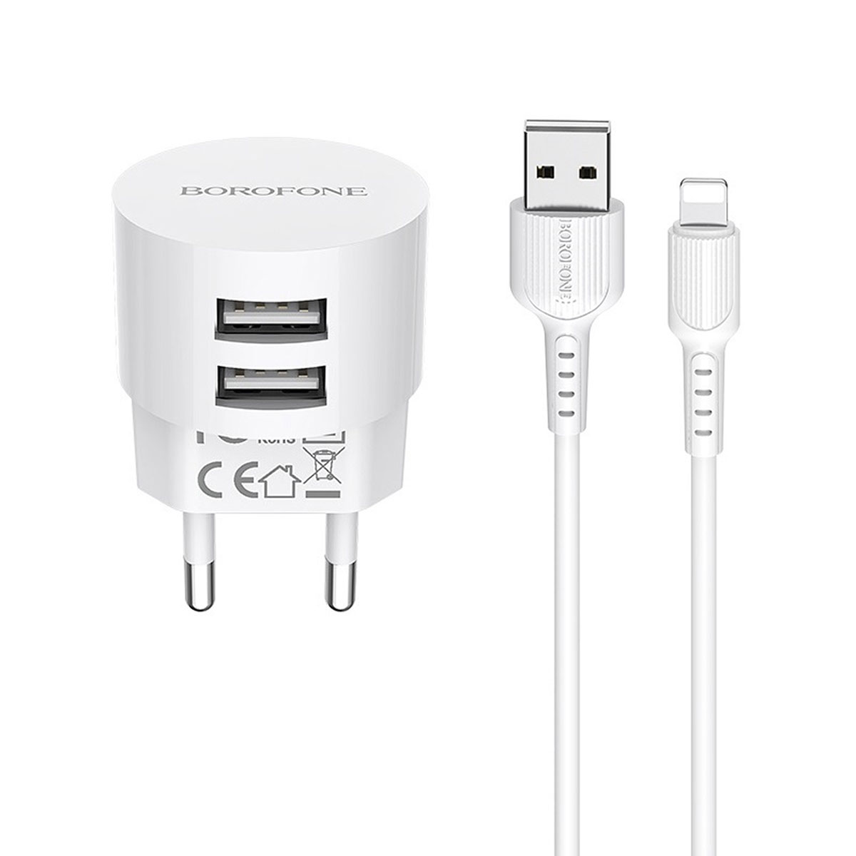 BOROFONE BA23A Brilliant, сетевое зарядное устройство с двумя USB портами и с кабелем APPLE Lightning 8-pin, цвет белый