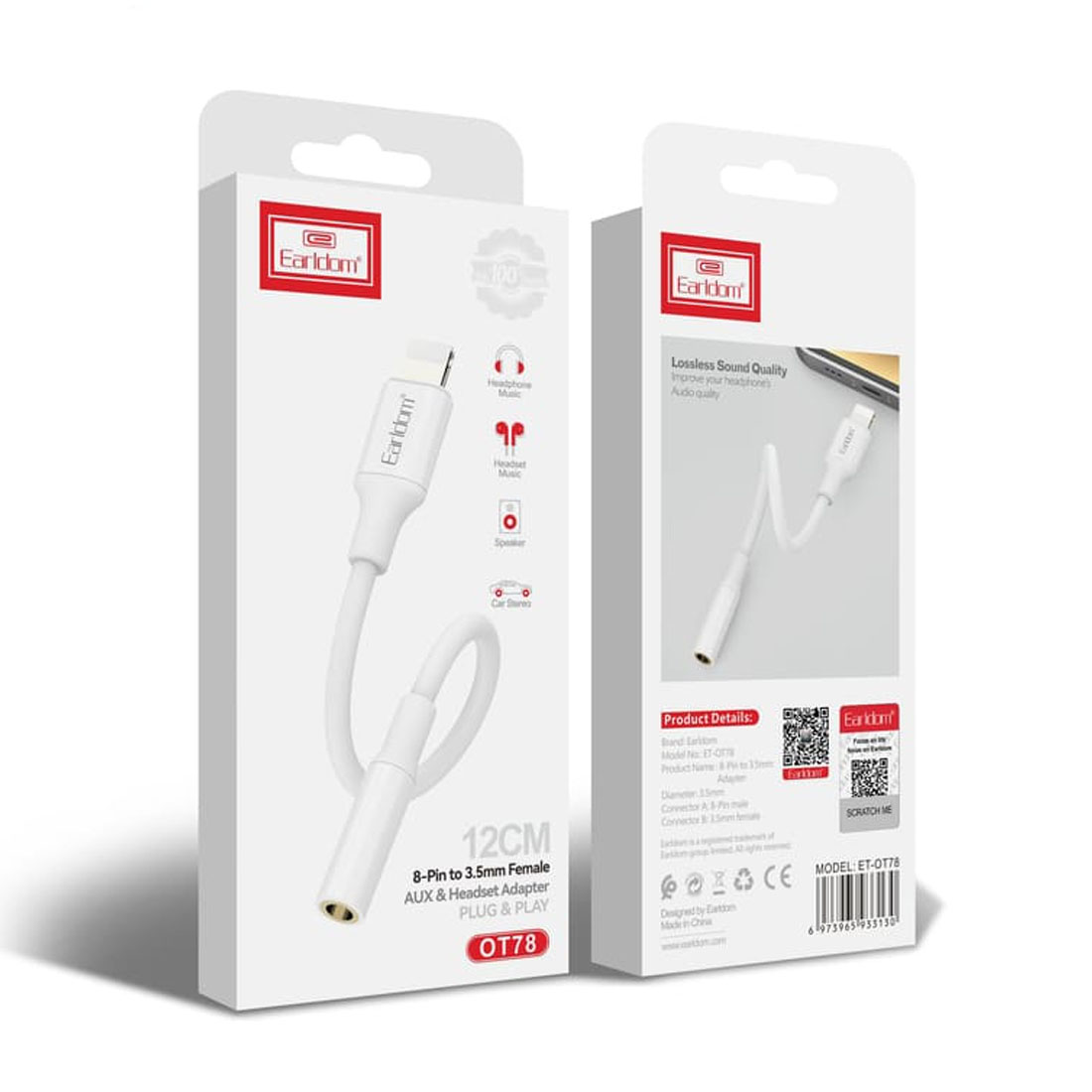 Аудио кабель, переходник EARLDOM OT78 с Lightning 8 pin (папа) на AUX Jack 3.5 мм (мама), работает без Bluetooth, длина 12 см, цвет белый