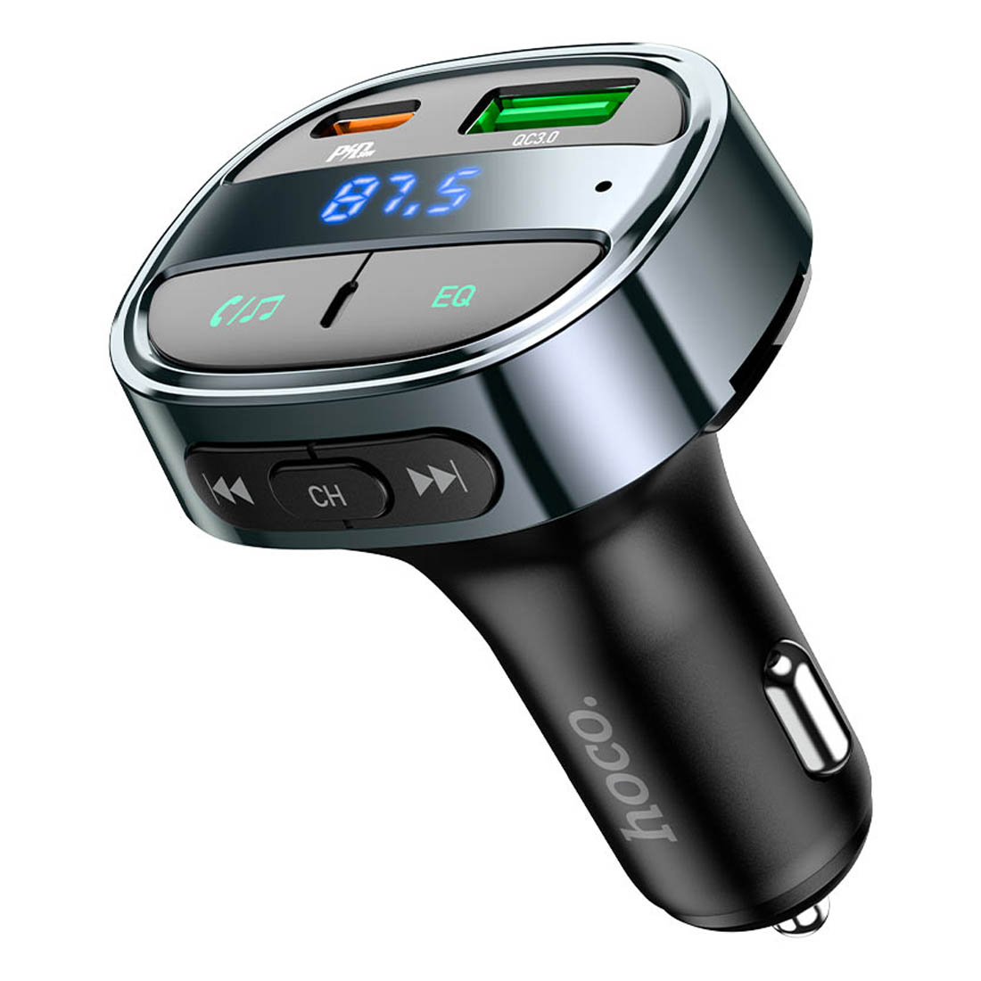 АЗУ (Автомобильное зарядное устройство) HOCO E70 с FM трансмиттером, 30W, Bluetooth, 1 USB, 1 USB Type C, LED дисплей, PD30W, QC3.0, цвет черный