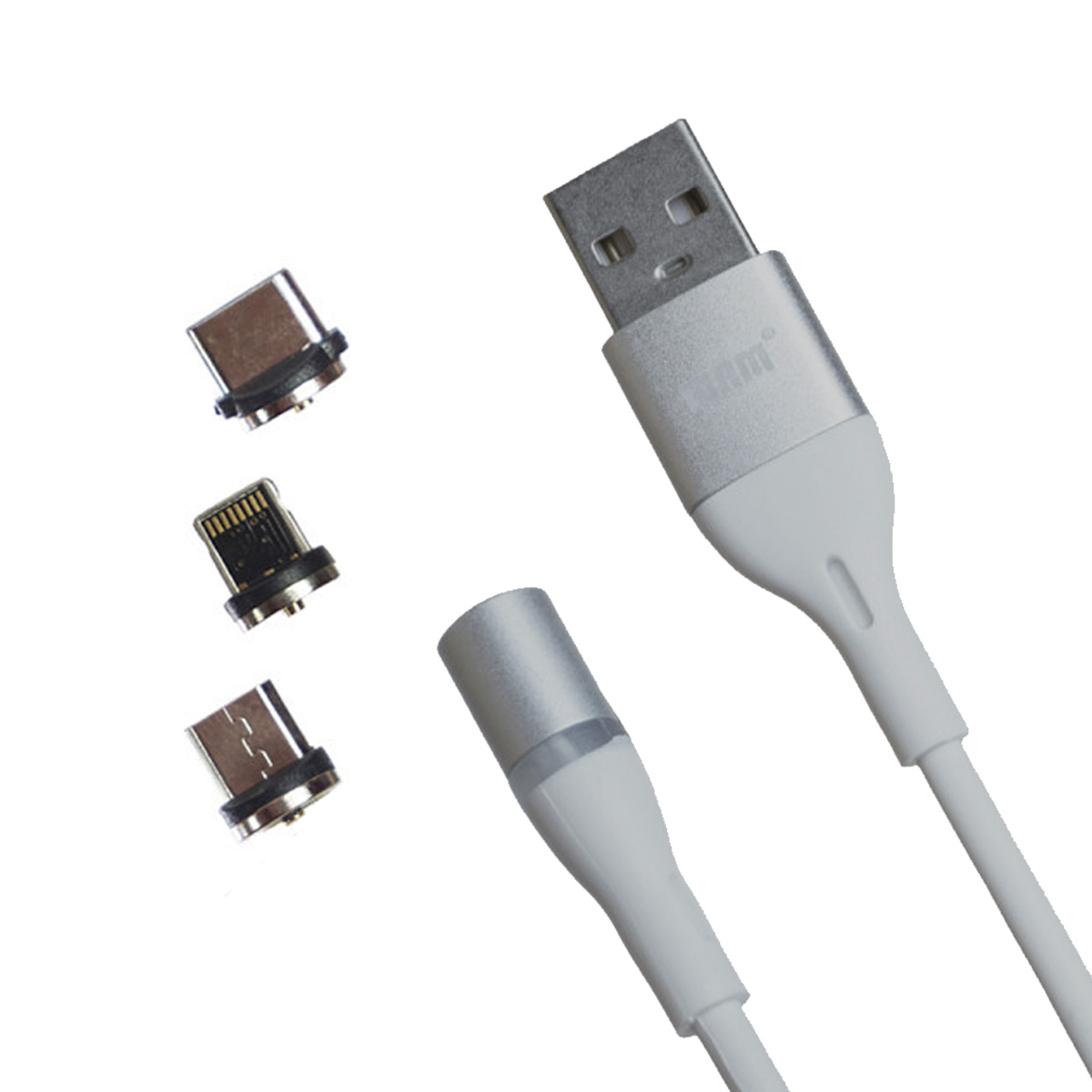 Магнитный кабель MRM 360 3в1, длина 1 метр, с магнитными насадками APPLE Lightning 8-pin, Micro USB, Type-C, цвет белый