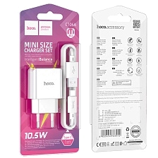 СЗУ (Сетевое зарядное устройство) HOCO C106A Leisure с кабелем USB Type C, 10.5W, 2.1A, 1 USB, длина 1 метр, цвет белый