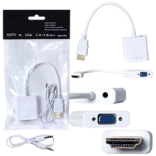Переходник, адаптер, конвертер HDMI на VGA (HDMI to VGA) + AUX разъем, длина 15 см, цвет белый