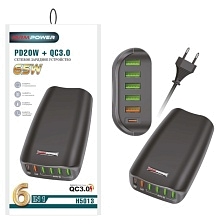 СЗУ (Сетевое зарядное устройство) MRM H5013, 65W, 1 USB Type C, 5 USB, QC3.0, PD20W, цвет черный СЗУ (Сетевое зарядное устройство) MRM H5013, 65W, 1 USB Type C, 5 USB, QC3.0, PD20W, цвет черный
