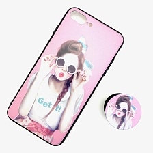 Чехол накладка для APPLE iPhone 7 Plus, 8 Plus, силикон с поп сокетом, рисунок Девушка в круглых очках.