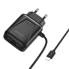 СЗУ (Сетевое зарядное устройство) BOROFONE BA50A Beneficence со встроенным кабелем APPLE Lightning 8 pin, 2.1A, 2 USB, длина 1 метр, цвет черный | Последняя цена