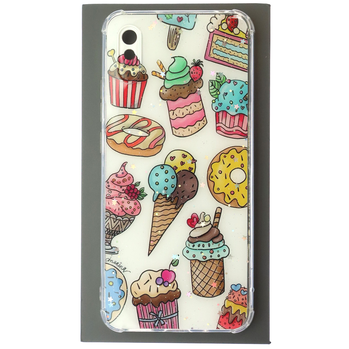 Чехол накладка для XIAOMI Redmi 9A, силикон, глянцевый, блестки, рисунок Мороженое и пончики